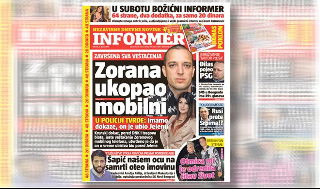 SAMO U DANAŠNJEM INFORMERU! ZAVRŠENA SVA VEŠTAČENJA: Zorana ukopao mobilni!